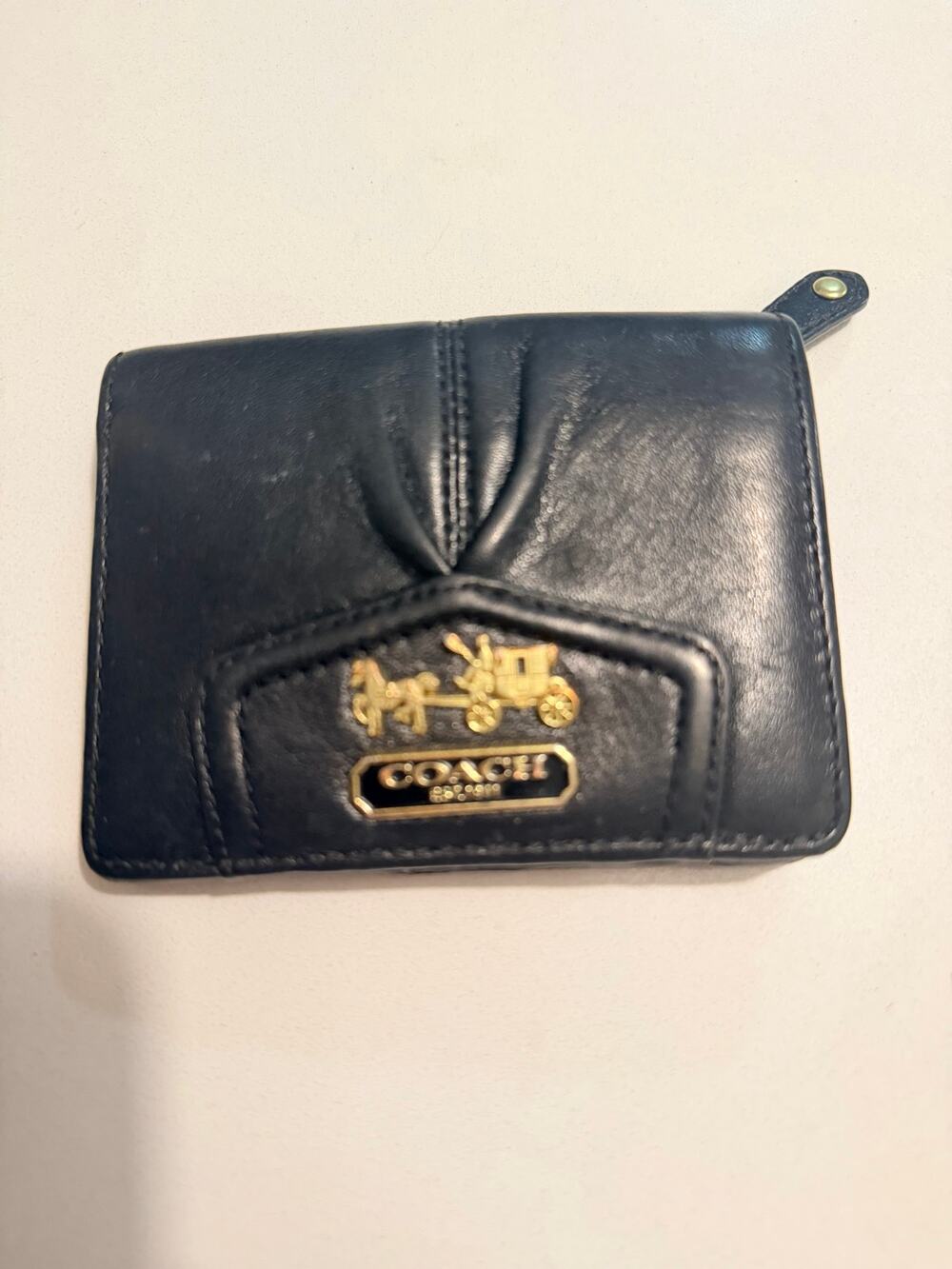 Coach Black Leather Compact Bifold Wallet Pink Interior Gold Horse Carriage